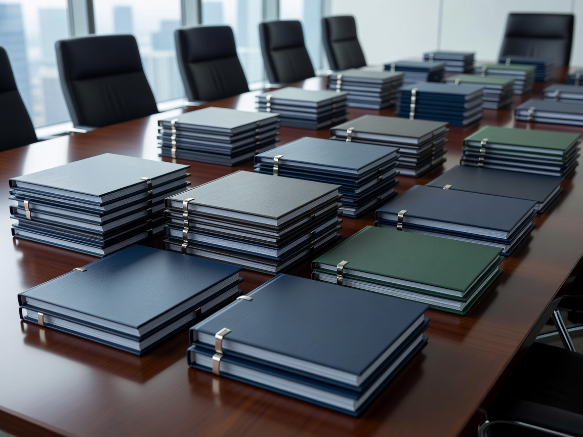 Bound executive reports and business performance summaries on a conference table