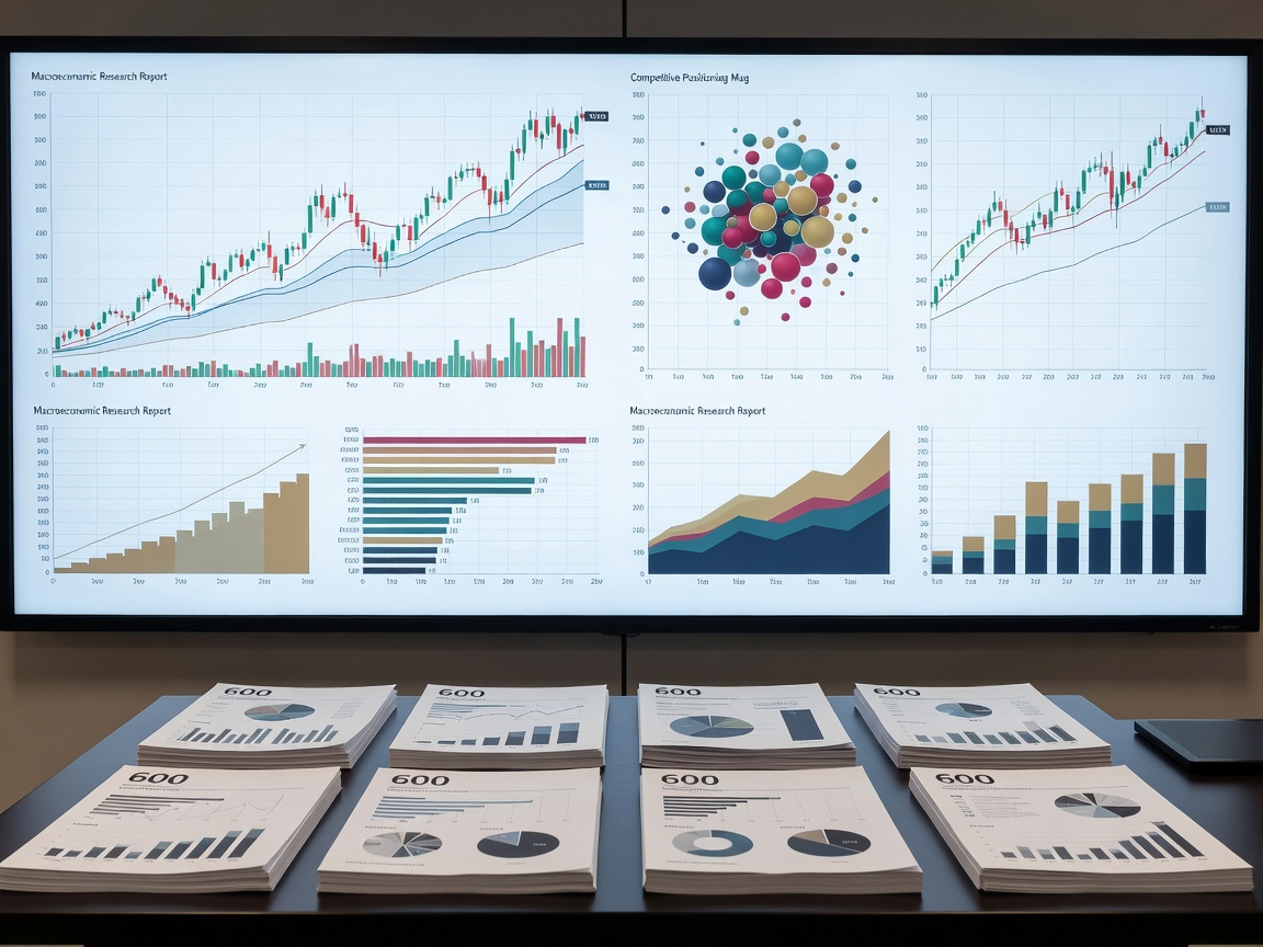 Financial charts, competitive positioning maps, and macroeconomic research reports