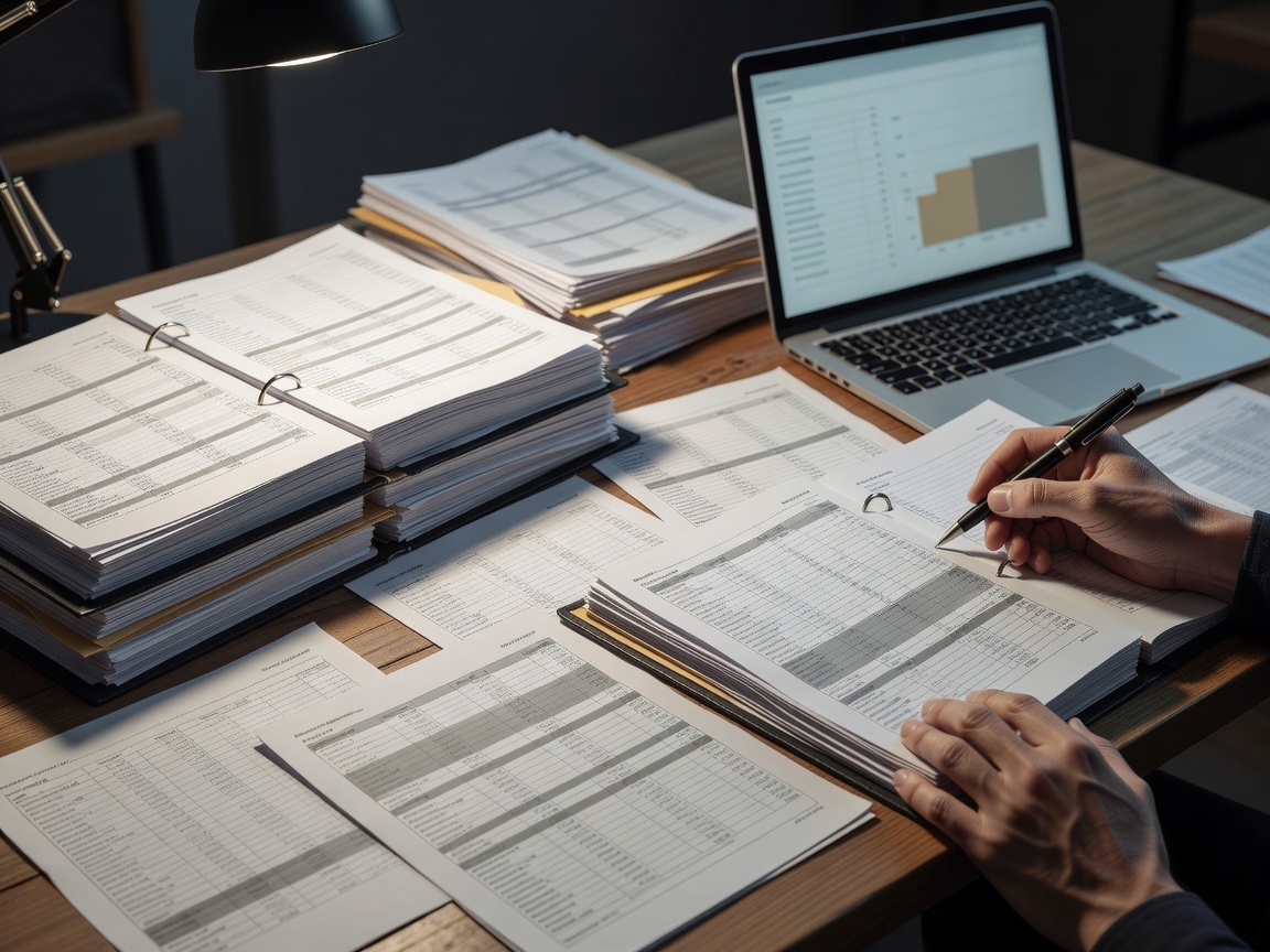 Financial dossiers and dense tabular reports under detailed analytical review