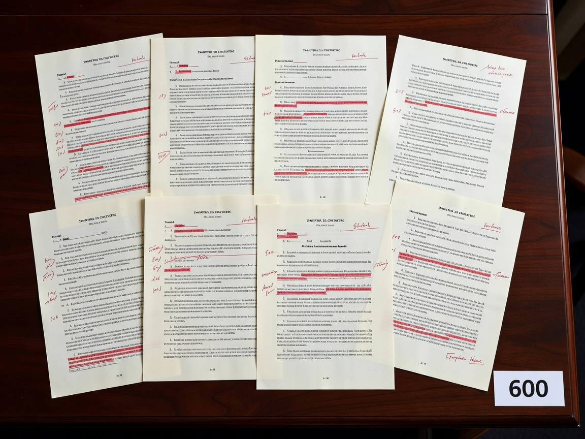 Legal agreements with redlined margin notes and structured contractual clauses